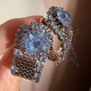 Vintage 1940 50’s Retro Art deco Silver mesh Blue Crystal Oversized Cufflink